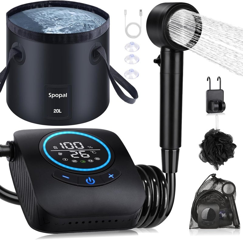 Spopal Portable Shower for Camping, [Upgraded] 8000mAh Rechargeable Camping Shower with 5 Adjustable Speeds, 4 Spray Modes with Collapsible Bucket with Handle 20L for Hiking, Travel, Car, Pet - Image 1
